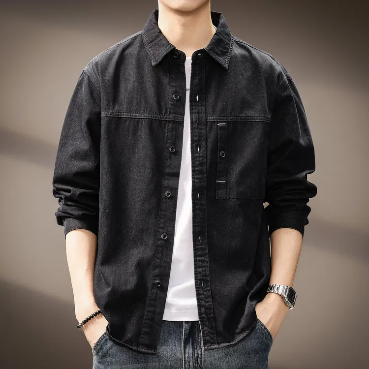 高端美式复古水洗工装牛仔衬衫男2025秋季新款休闲长袖夹克外套男