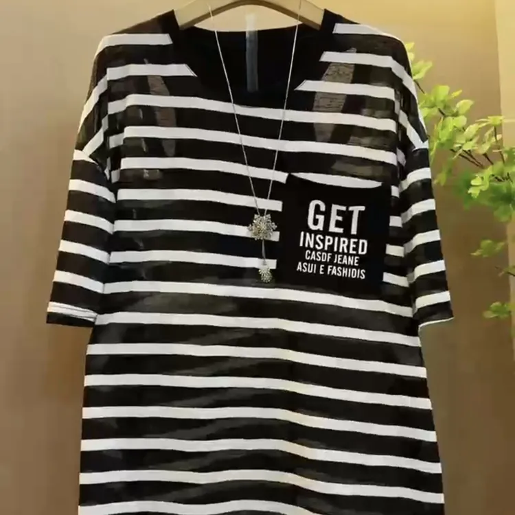 短袖条纹显瘦千金风拼色夏季T恤复古港风套装