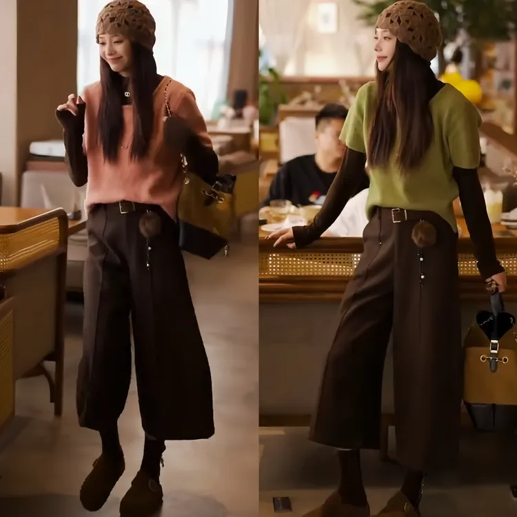 2025秋冬新款气质洋气短袖针织衫百搭舒适打底高腰显瘦八分裤套装