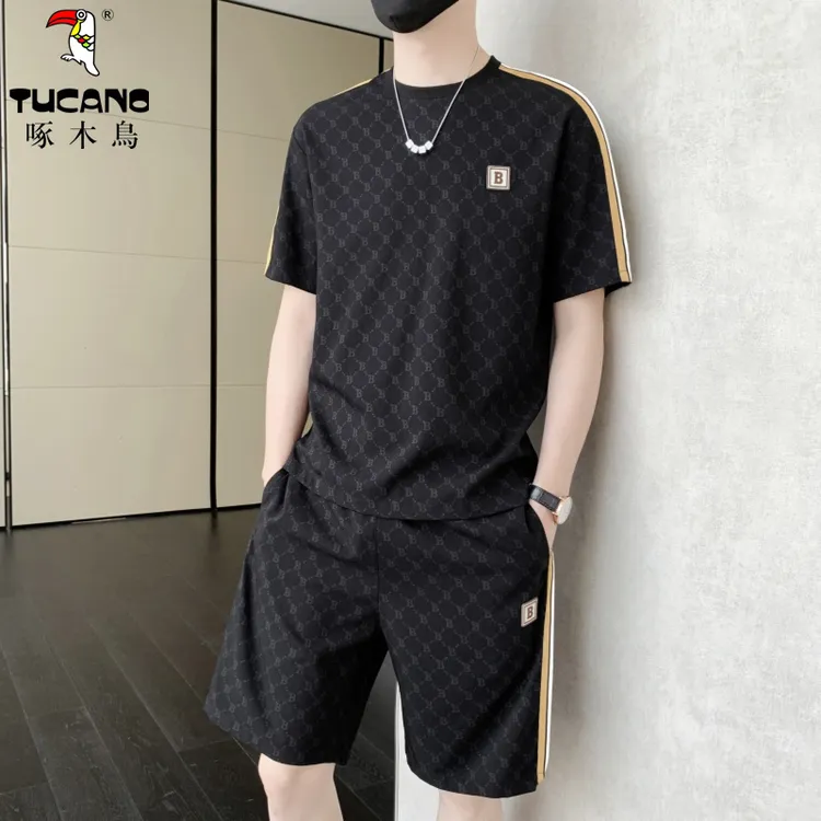 啄木鳥正品新款男士冰丝短袖短裤套装夏季薄款透气休闲T恤两件套