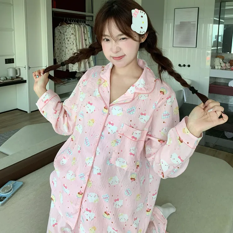 翻领粉猫咪印花大码睡衣套装加肥加大云朵棉宽松宽版型甜美家居服