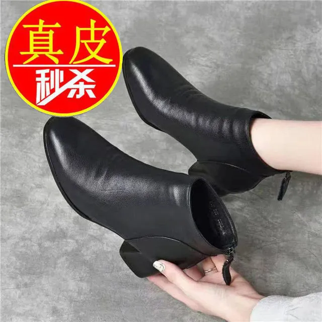 紅青蜒女鞋法式小短靴真皮加绒保暖棉靴高跟粗跟瘦瘦鞋冬季马丁靴