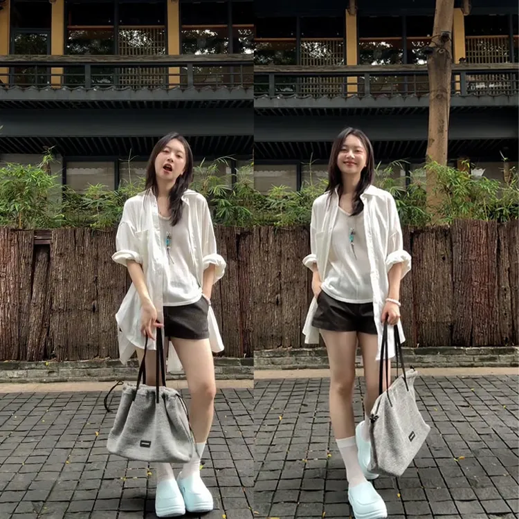 2025夏季新款宽松显瘦法式百搭白色防晒衬衫女罩衫上衣短裤三件套