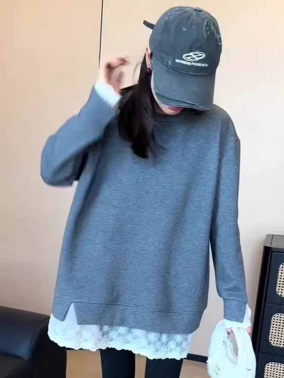 大码蕾丝拼接加厚卫衣女秋冬2025新款韩系慵懒风中长款遮屁股上衣