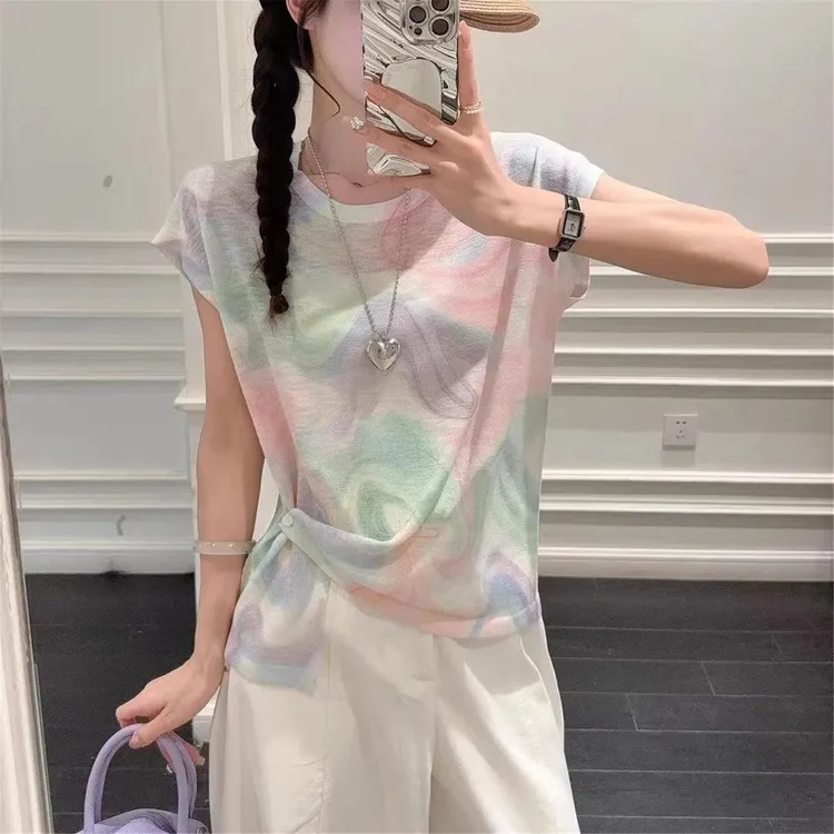 夏季彩色薄款短袖女设计感小众t恤2025新款爆款针织冰丝短款上衣