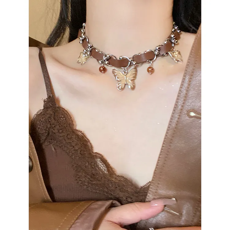 钛钢皮质项链 美拉德重工蝴蝶项圈女高级复古棕色choker皮革项链