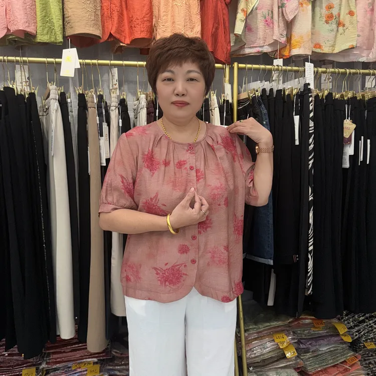 3050夏季新款花色宽松舒适气质棉麻短袖上衣
