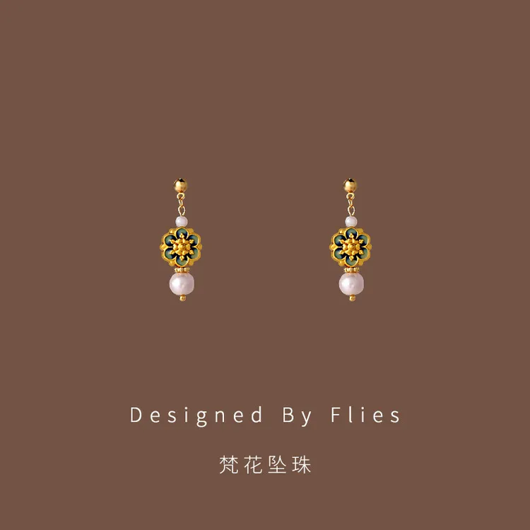 铜合金耳饰 梵花坠珠|新中式莲花耳坠小众气质精致优雅百搭耳环商品图