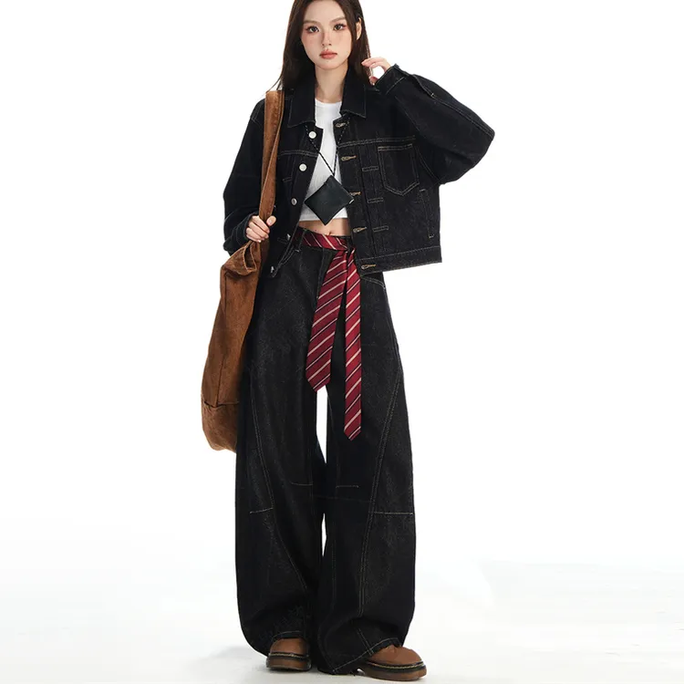 2331秋季高腰休闲风常规深蓝设计感长裤牛仔裤复古阔腿拖地秋冬女