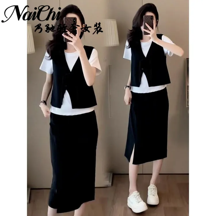 2025夏季新款女士气质时尚套装洋气短袖T恤马甲开叉半身裙三件套