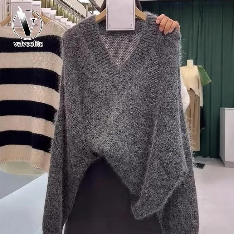 VALVOELITE韩系高级感宽松慵懒风松弛感毛衣女秋季领针织衫上衣潮