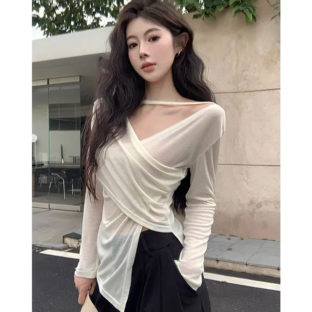 防晒罩衫女夏季不规则V领网纱长袖T恤设计感洋气独特别致绝美上衣