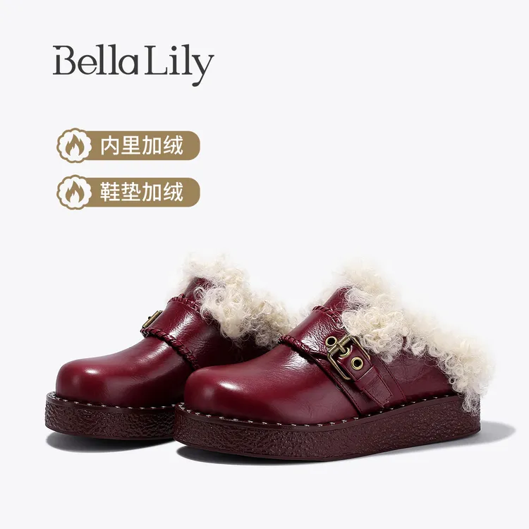 BellaLily冬季新款加绒牛皮勃肯鞋女复古慵懒穆勒包头半拖鞋