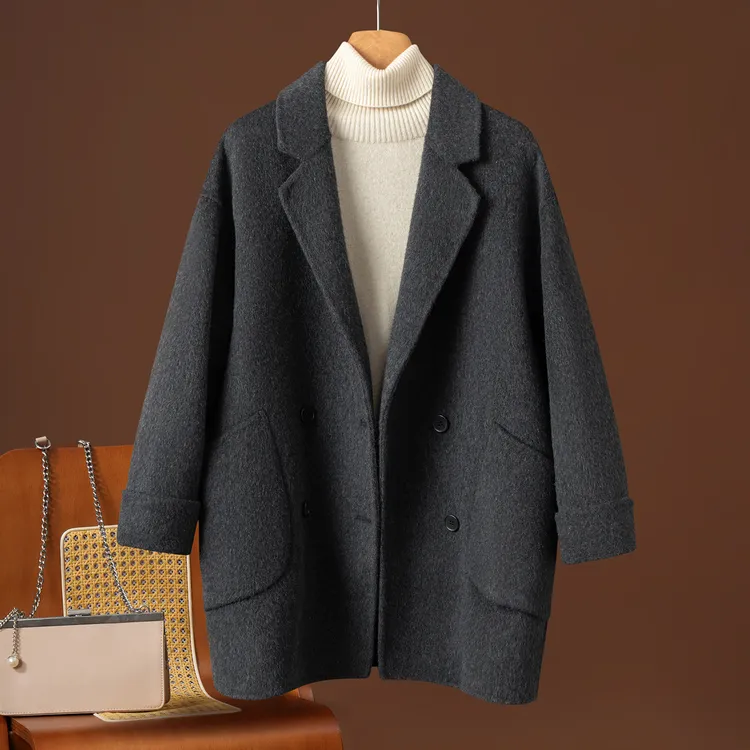 秋冬新款双面羊毛大衣女茧型宽松双排扣小个子百搭纯羊毛呢子外套