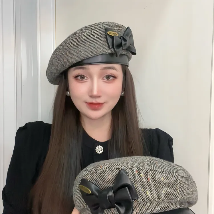 韩版时尚百搭蝴蝶结贝雷帽子秋冬季拼接混色显脸小画家帽子女网红