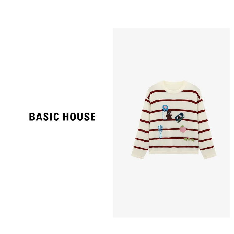 Basic House/百家好老钱风松弛感女装条纹可爱针织衫-B0625B5HZH2