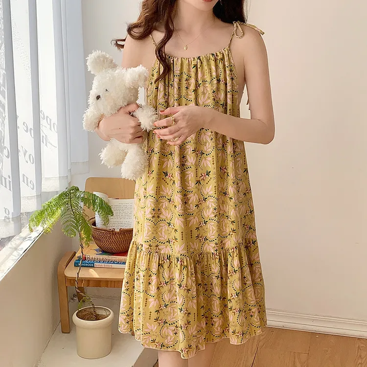 吊带睡裙女夏季复古民族风睡衣新款家居服甜美小女生清冷感绵绸裙