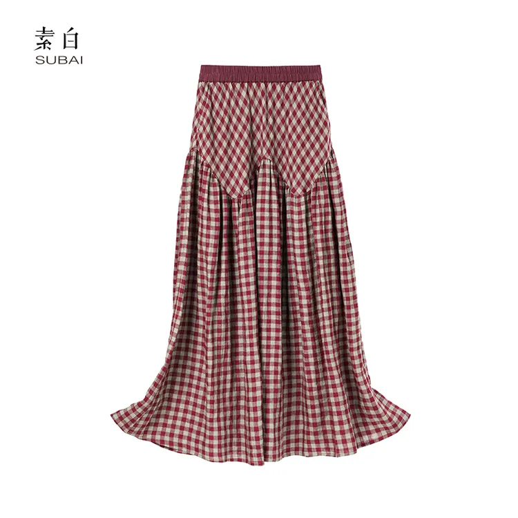 素白复古时尚【旷野玫瑰】Q01804亚麻经典格子慵懒休闲半裙