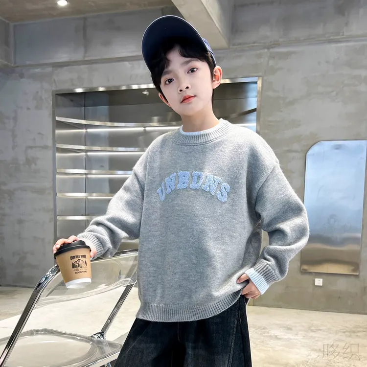 秋冬新品韩版男童字母刺绣毛衣套头衫2025新款女童拼色针织衫