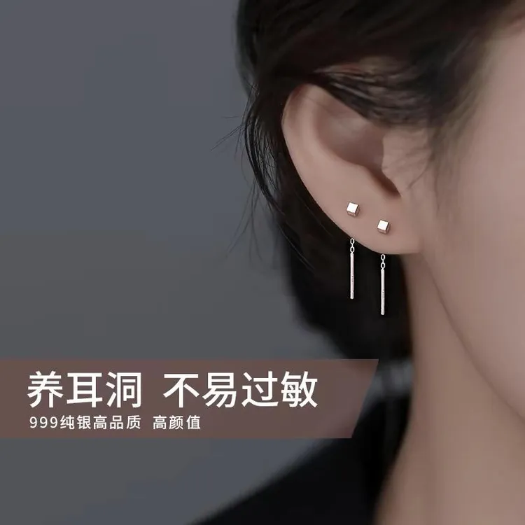 足银耳饰 睡觉不用摘S999纯银小方块耳线耳环气质养耳洞小众设计