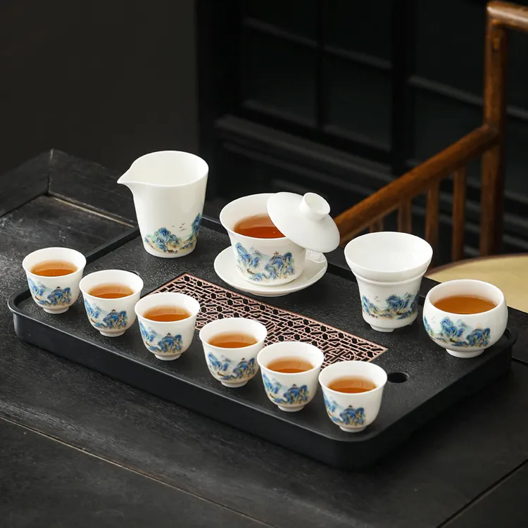 江山如画悬停盖碗德化白瓷功夫茶具高端全套办公室家用整套泡茶盘