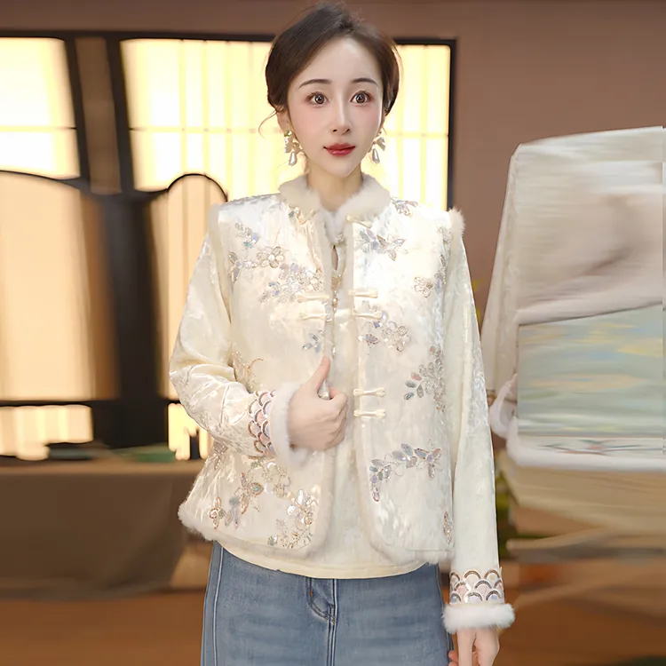 2025冬季新中式国风加厚加棉马甲女宽松气质毛边圆领无袖马夹背心