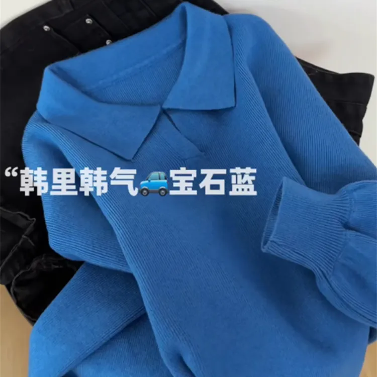韩系克莱因蓝色polo领毛衣女2025秋冬慵懒风宽松外穿翻领针织衫