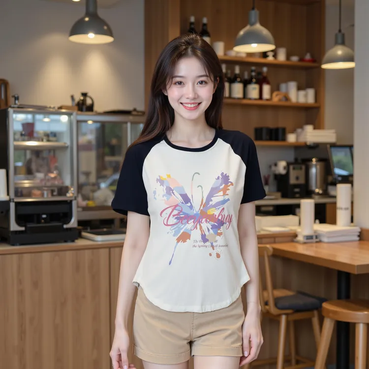 T恤女士显瘦撞色拼接夏季设计感百搭印花圆领休闲外穿时尚