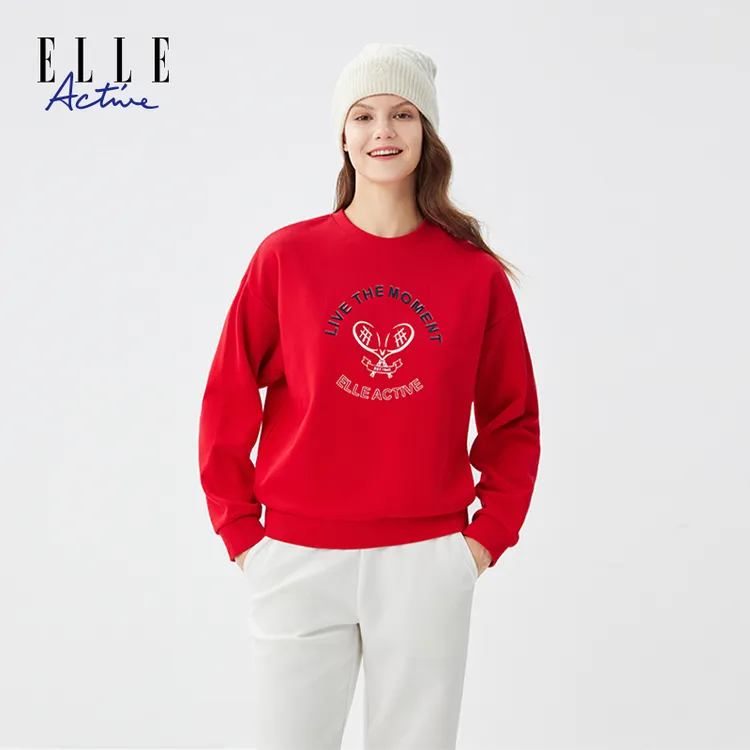 ELLE Active纯棉户外运动卫衣女款秋季红色印花休闲长袖套头上衣