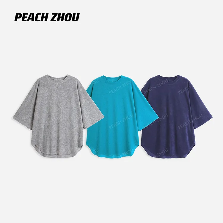 『PEACHZHOU』毛巾布蝙蝠袖弧形下摆宽松圆领七分袖慵懒休闲松驰T恤