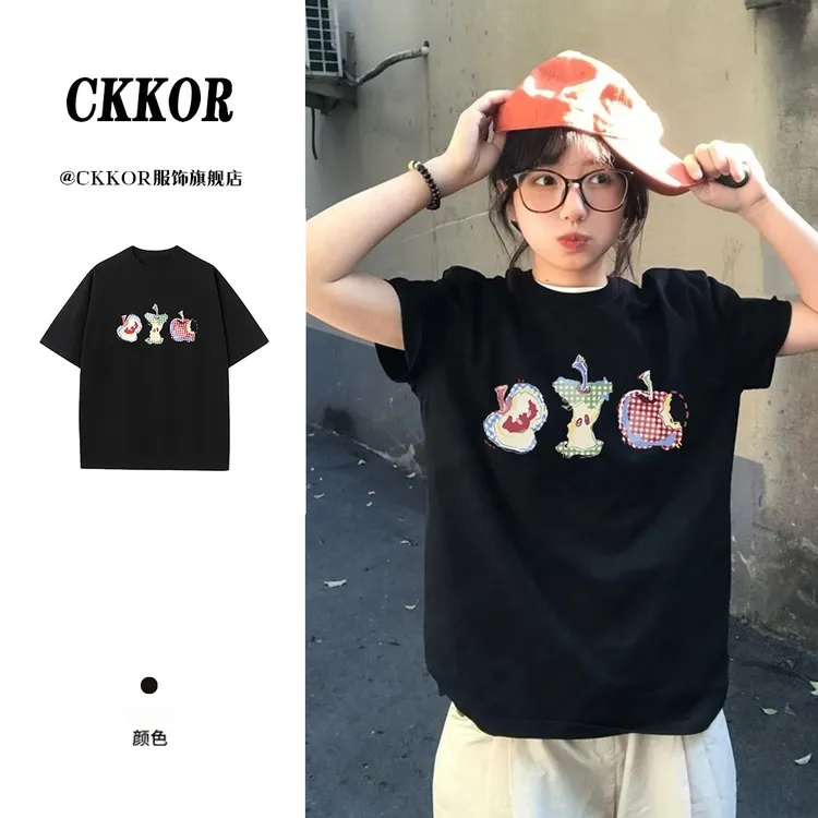 CKKOR学院风穿搭短袖t恤女美式复古多巴胺苹果印花设计感夏季上衣