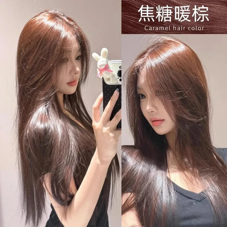 【买1赠1】OKSC免漂焦糖暖棕色染发膏摩卡棕自己染发剂植物纯不伤发