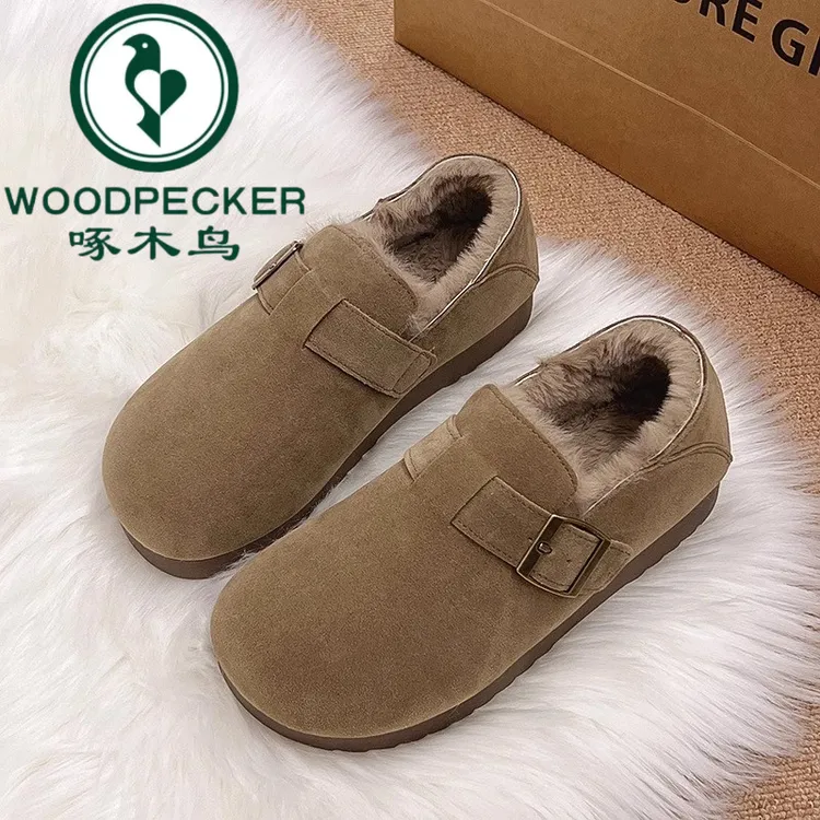 啄木鸟加绒全包复古勃肯鞋女2025新款一脚蹬棉鞋毛毛鞋保暖雪地鞋