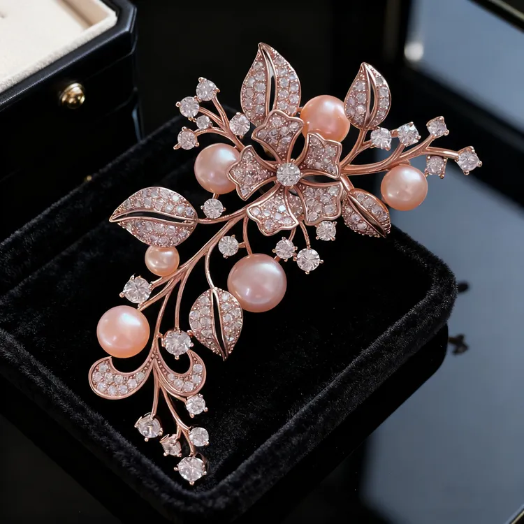 铜合金胸针 月蔓花枝珍珠胸针复古叶子高档气质配饰