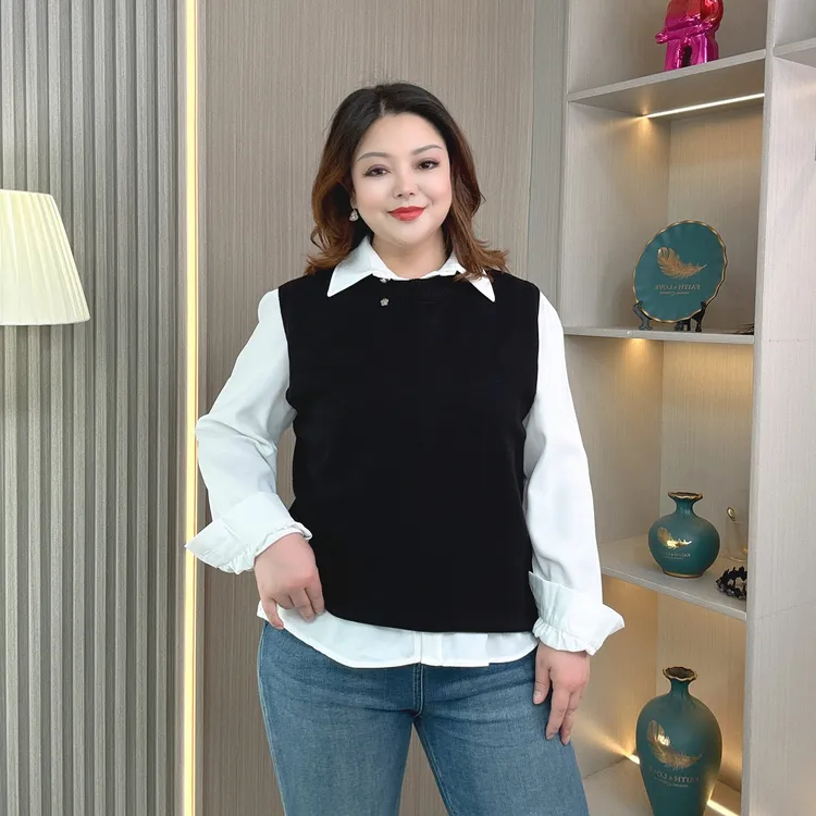 圆领针织马甲背心女春秋冬大码新款韩系宽松外搭叠穿无袖毛衣坎肩