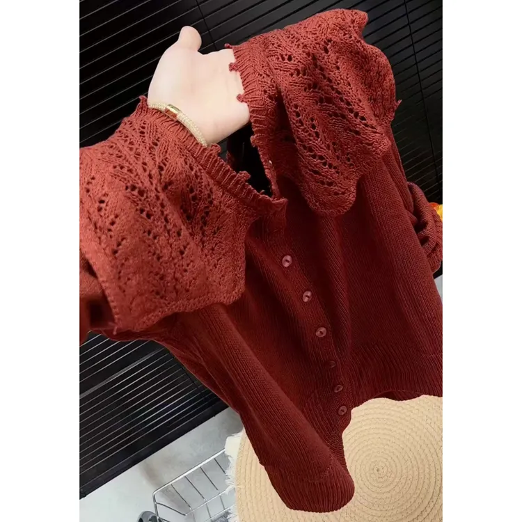 今年流行穿搭2025早秋新款温柔风镂空拼接毛针织衫复古风长袖上衣