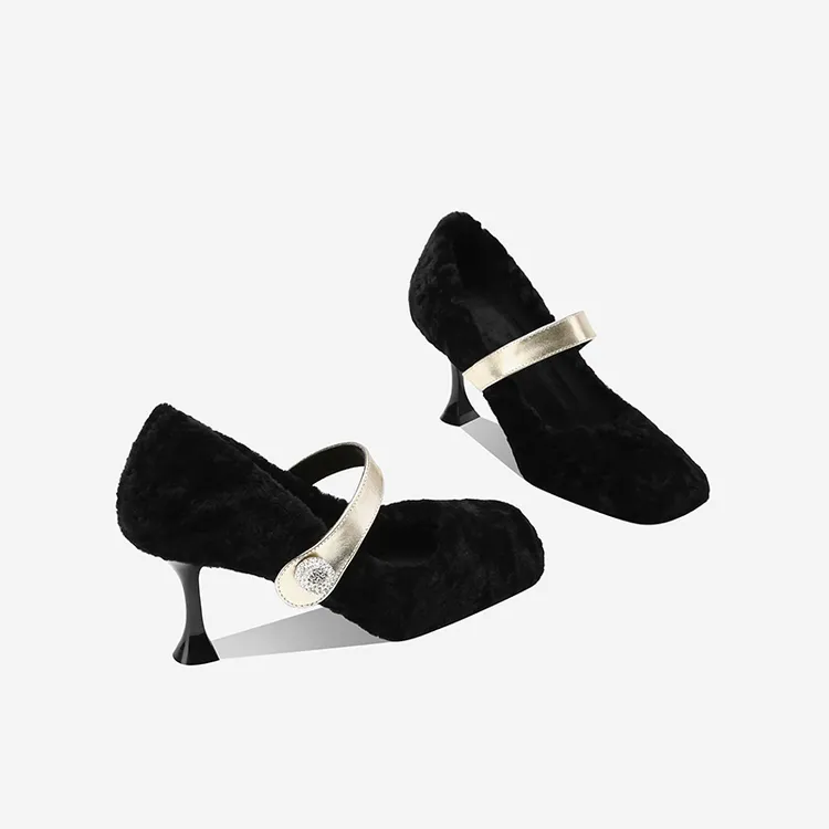 羊羔毛浅口单鞋女2025冬季新款细跟毛毛玛丽珍鞋方头小香风高跟鞋