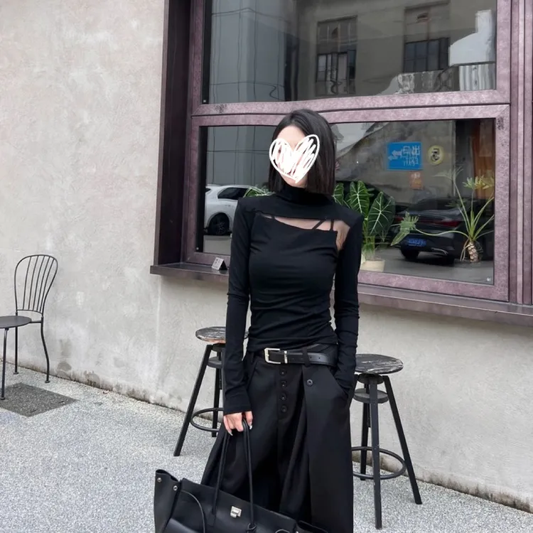 【暮光之城】秋半高领拼接显瘦修身T恤镂空长袖纯欲百搭气质女上衣