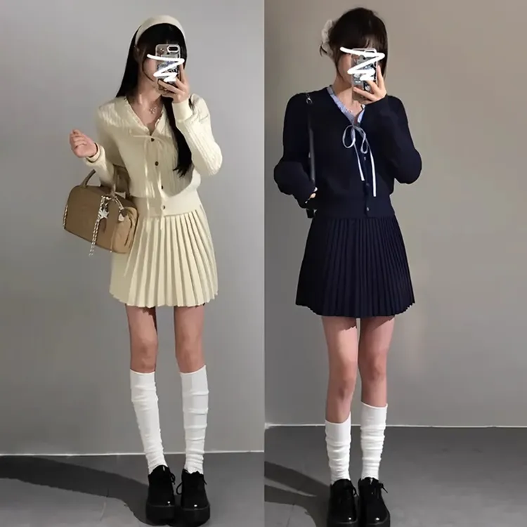 小香风miu系穿搭针织百褶连衣裙子女秋季内搭学院风短裙两件套装