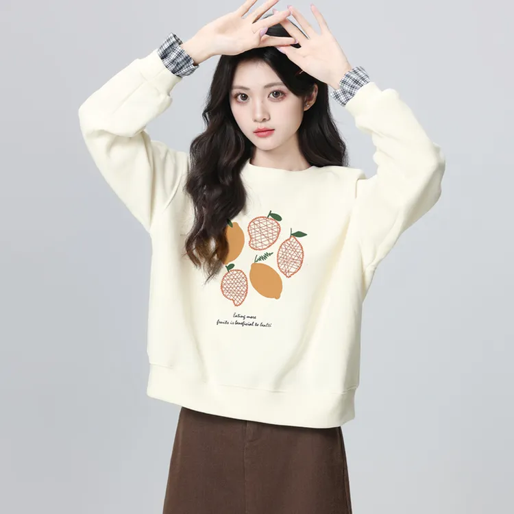 杏色圆领长袖卫衣女春秋2025秋新款假两件格子拼接小个子套头上衣