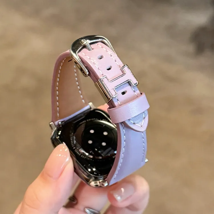 新款H形穿扣真皮苹果手表表带适用Apple Watch10SE2iwatch789女款