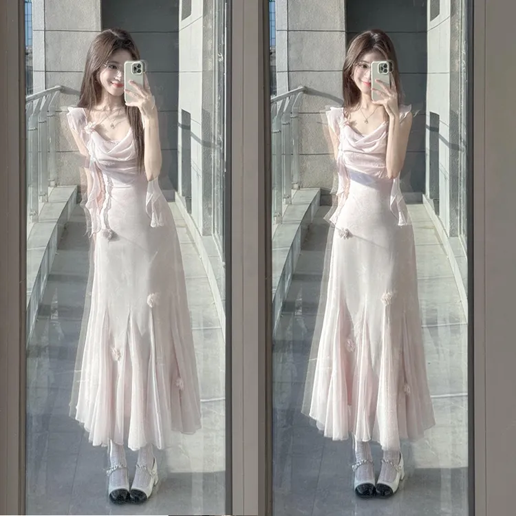 A380高级感绝美小飞袖吊带连衣裙女夏季新款气质独特收腰显瘦长裙