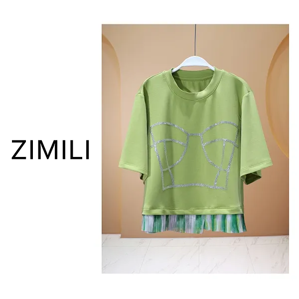 【亮哥女装】2025欧版《藤蔓》笋绿烫钻拼纱网高克重休闲短袖8061-C4