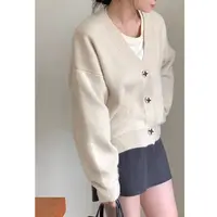 玲姐定制-V领落肩小花刺绣款宽松休闲短款针织开衫375633