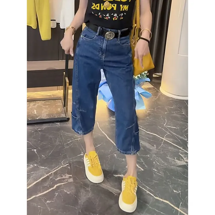 大码小个子高腰显瘦遮肉直筒七分裤2025年春夏新款洋气时尚牛仔裤