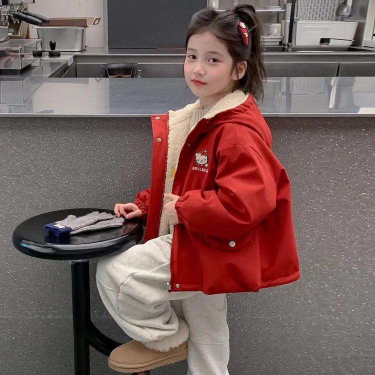 女童秋装外套2025新款儿童女孩秋冬季两面穿加绒加厚连帽卡通上衣