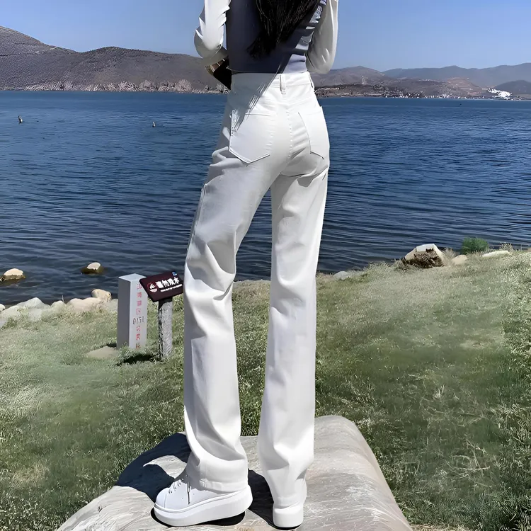 雪千羽窄版直筒白色牛仔裤女2025春夏新款欧货小个子高腰烟管长裤