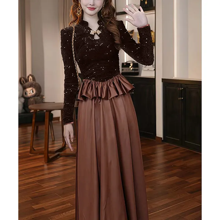 【有里布】新款复古时尚亮片气质蕾丝连衣裙轻奢优雅晚礼服女JT0263