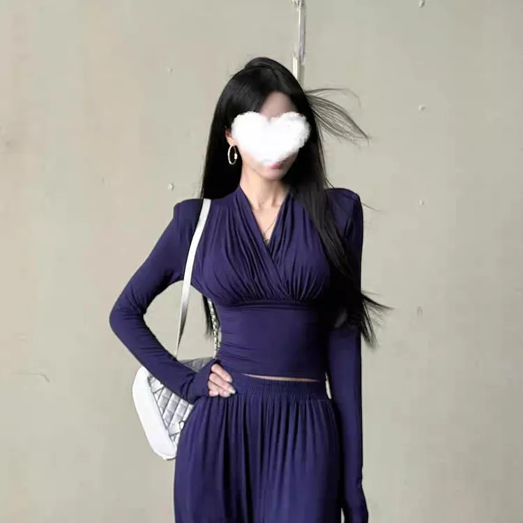 早秋长袖上衣搭配高腰阔腿休闲裤气质轻熟风套装