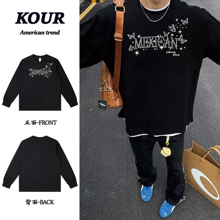 蝴蝶英文闪光美式高街复古长袖T恤重磅纯棉上衣宽松百搭打底衫ins